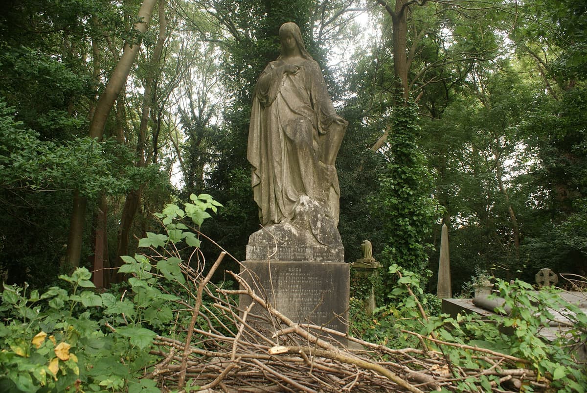 View of an angel statue in Highgate West Cemetery