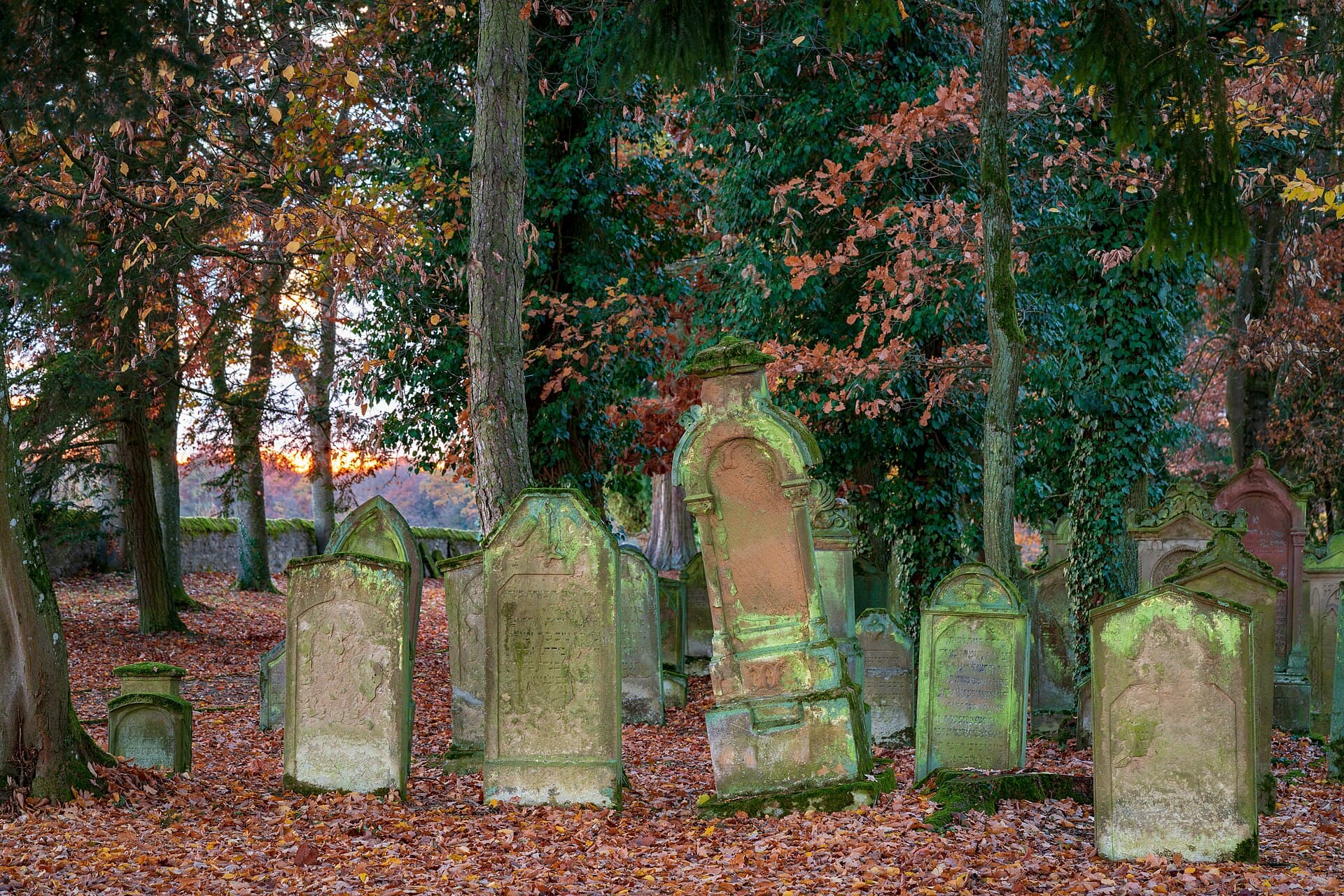 Bad Rappenau Heinsheim jüdischer Friedhof Blick über Ostmauer bei Sonnenuntergang